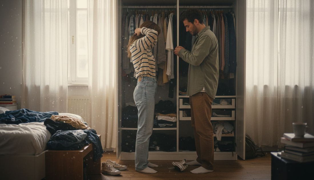 Ein Paar steht morgens gemeinsam im Schlafzimmer vor dem Kleiderschrank und überlegt, was sie heute anziehen sollen.
