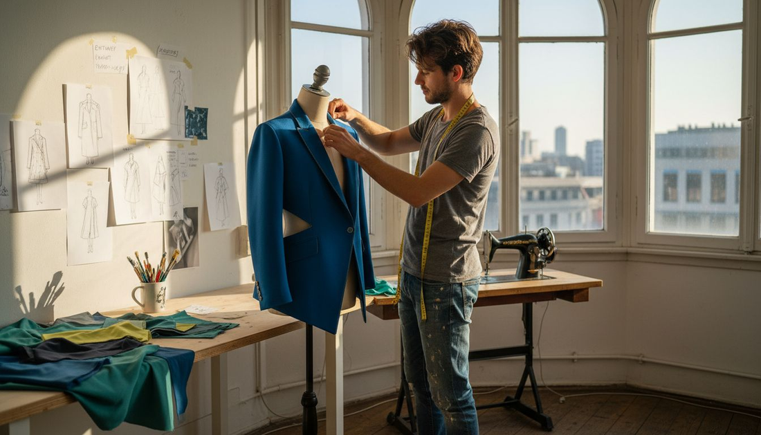 Im Atelier bringt der Designer eine blaue Jacke in Form.
