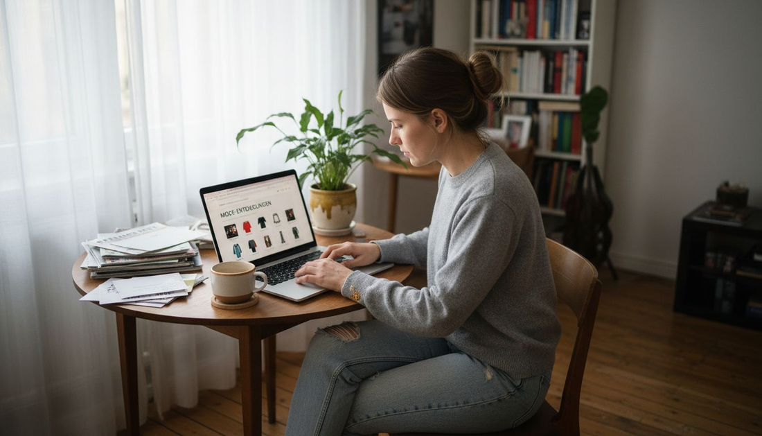 Eine Frau stöbert gemütlich von zu Hause aus durch Online-Shops auf der Suche nach neuer Mode.
