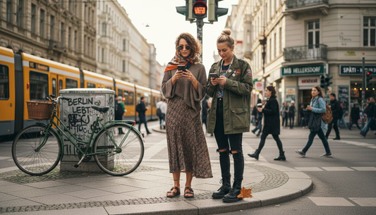 Stilbewusste Frauen an einer Straßenecke in Berlin