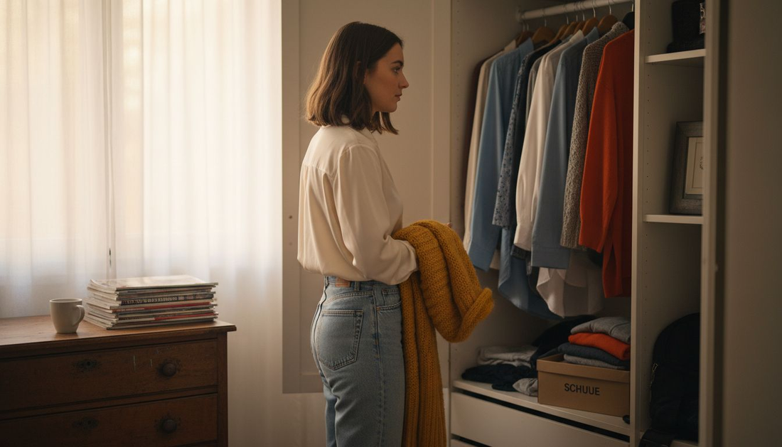 Eine Frau steht vor ihrem ordentlich sortierten Kleiderschrank und sucht sich ein Outfit für den Tag aus.