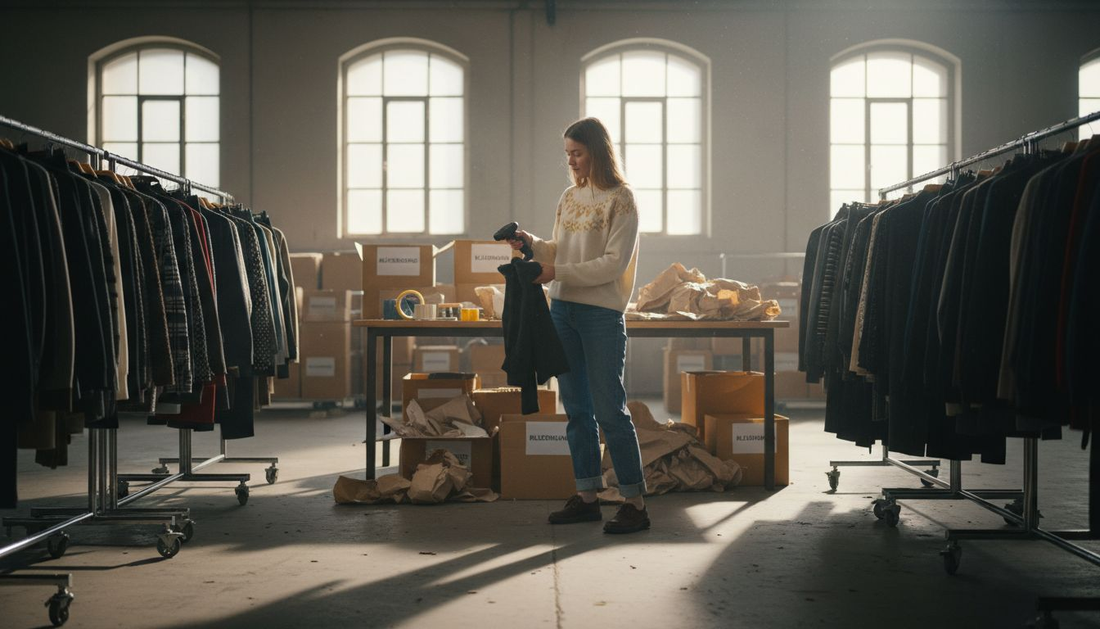 Eine Mitarbeiterin sortiert neue Kleiderlieferungen im Lager.