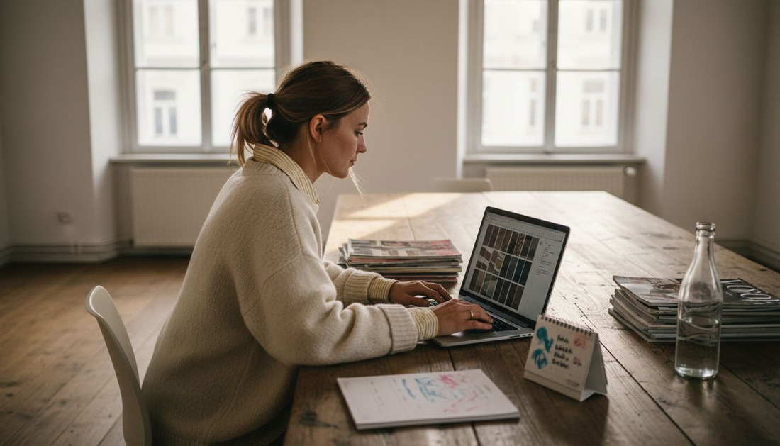 Eine Mitarbeiterin im Modeatelier ordnet verschiedene Stoffproben und bereitet sie für die nächste Kollektion vor.