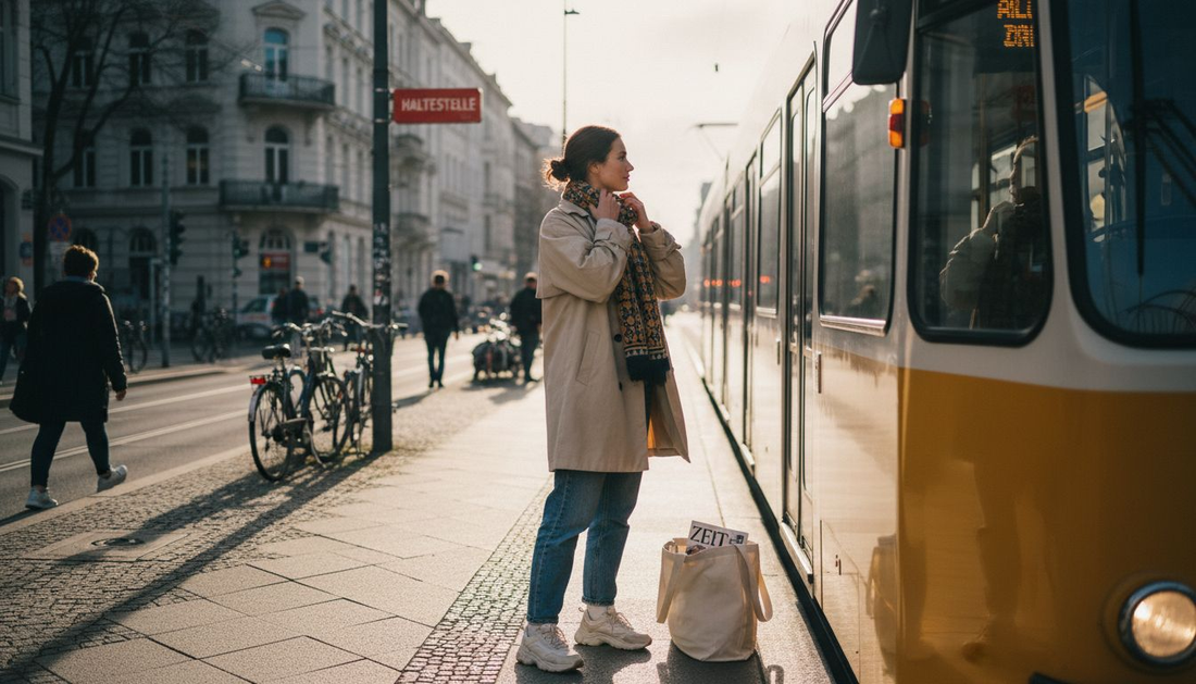 Eine Frau richtet ihren Schal, während sie auf dem Bürgersteig in Berlin steht.