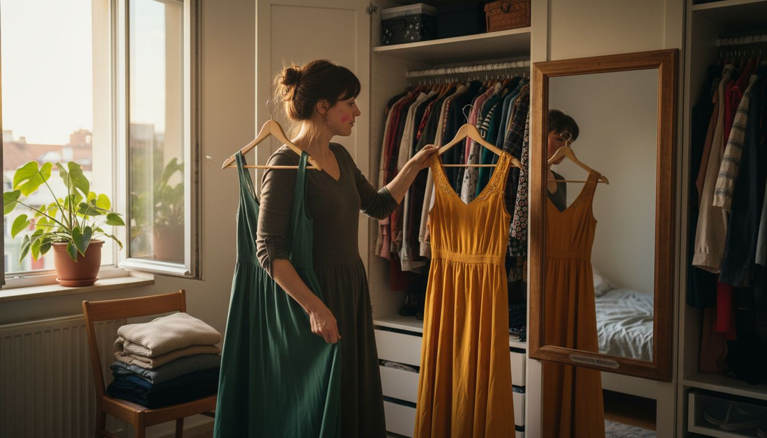 Szene: Beim Kleidungskauf lässt sich jemand von einer Farbberaterin helfen, um herauszufinden, welche Farben am besten zum eigenen Typ passen. Gemeinsam werden verschiedene Kleidungsstücke und Farbtöne ausprobiert, bis die perfekte Auswahl gefunden ist.