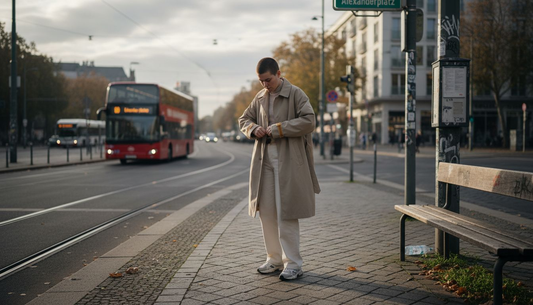 Eine Person, die mit ihrem genderneutralen Style durch die Straßen Berlins schlendert.