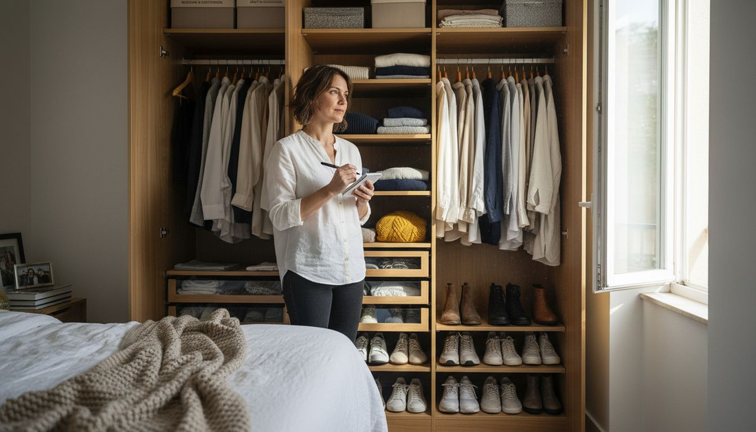 Am Morgen öffnet eine Frau ihren Kleiderschrank und freut sich über die perfekte Ordnung.