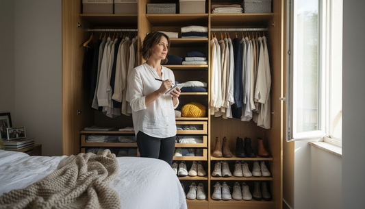 Am Morgen öffnet eine Frau ihren Kleiderschrank und freut sich über die perfekte Ordnung.