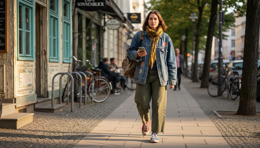 Eine Person mit genderfluidem Stil schlendert durch die Innenstadt.