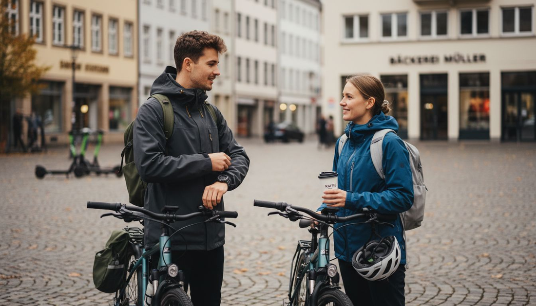 Auf dem belebten Stadtplatz trifft man auf Menschen, die moderne und zugleich praktische Kleidung tragen.