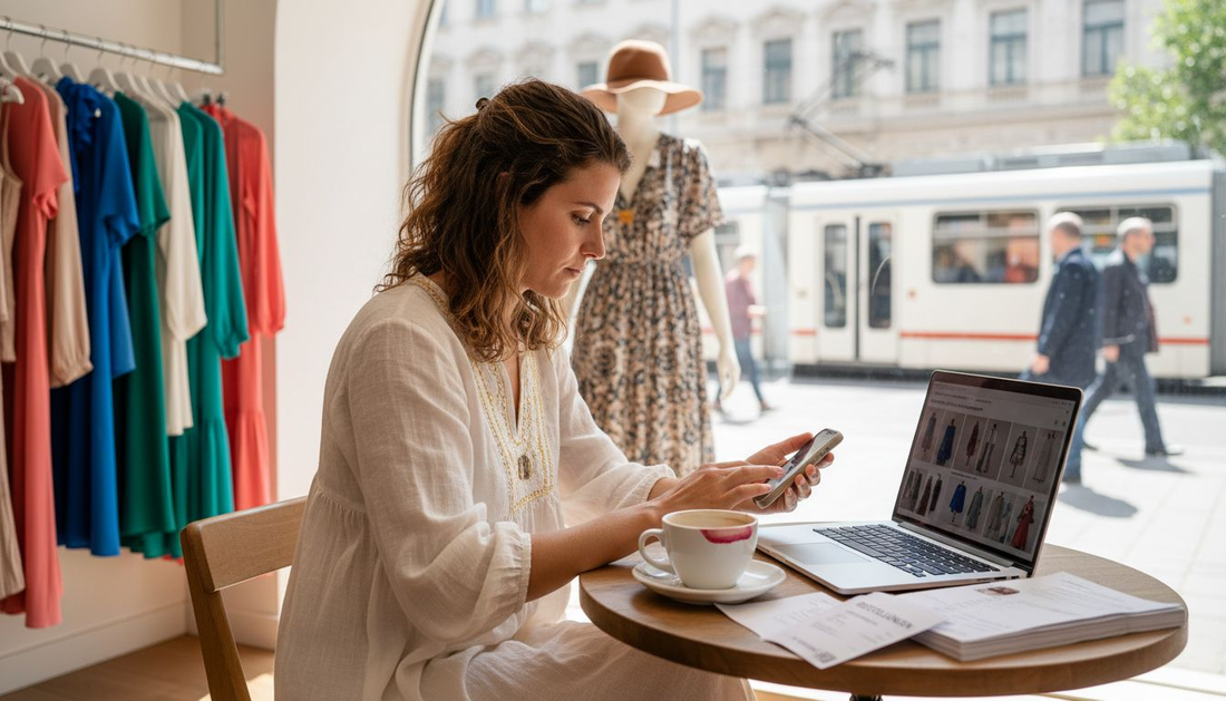 Inhaberin einer Boutique plant ihren nächsten Social-Media-Beitrag