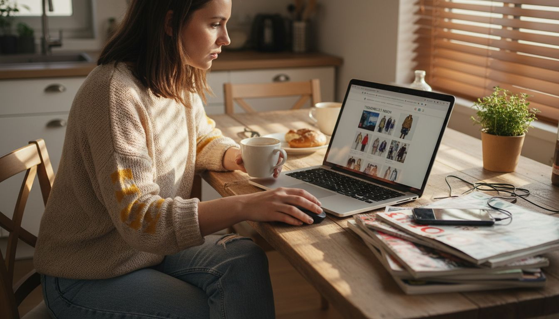 Am Küchentisch stöbert eine Frau entspannt durch Online-Shops und bestellt neue Mode.