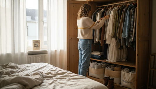 Eine Frau stellt sich bewusst und nachhaltig ihre Garderobe zusammen.
