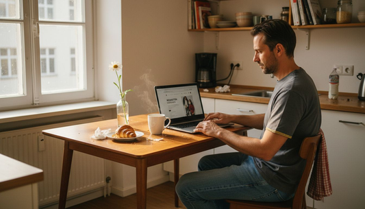 Ein Mann sitzt am Küchentisch und stöbert gemütlich durch einen Online-Shop.