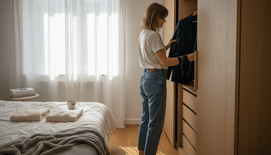Eine Frau steht im Schlafzimmer und überlegt, welches ihrer Lieblingsteile sie heute anziehen soll.