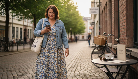 Eine selbstbewusste Frau mit Kurven spaziert mit ihrer Einkaufstasche durch die Stadt.