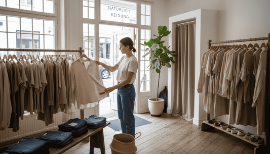 Eine Frau schlendert durch einen nachhaltigen Modeladen und lässt sich von den fair produzierten Kleidungsstücken inspirieren.