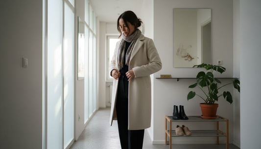 Eine Frau schlüpft im Flur in ihren schlichten Mantel.