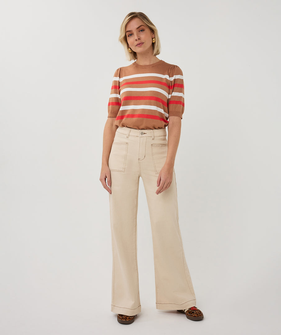 Sweater puff slve striped knit