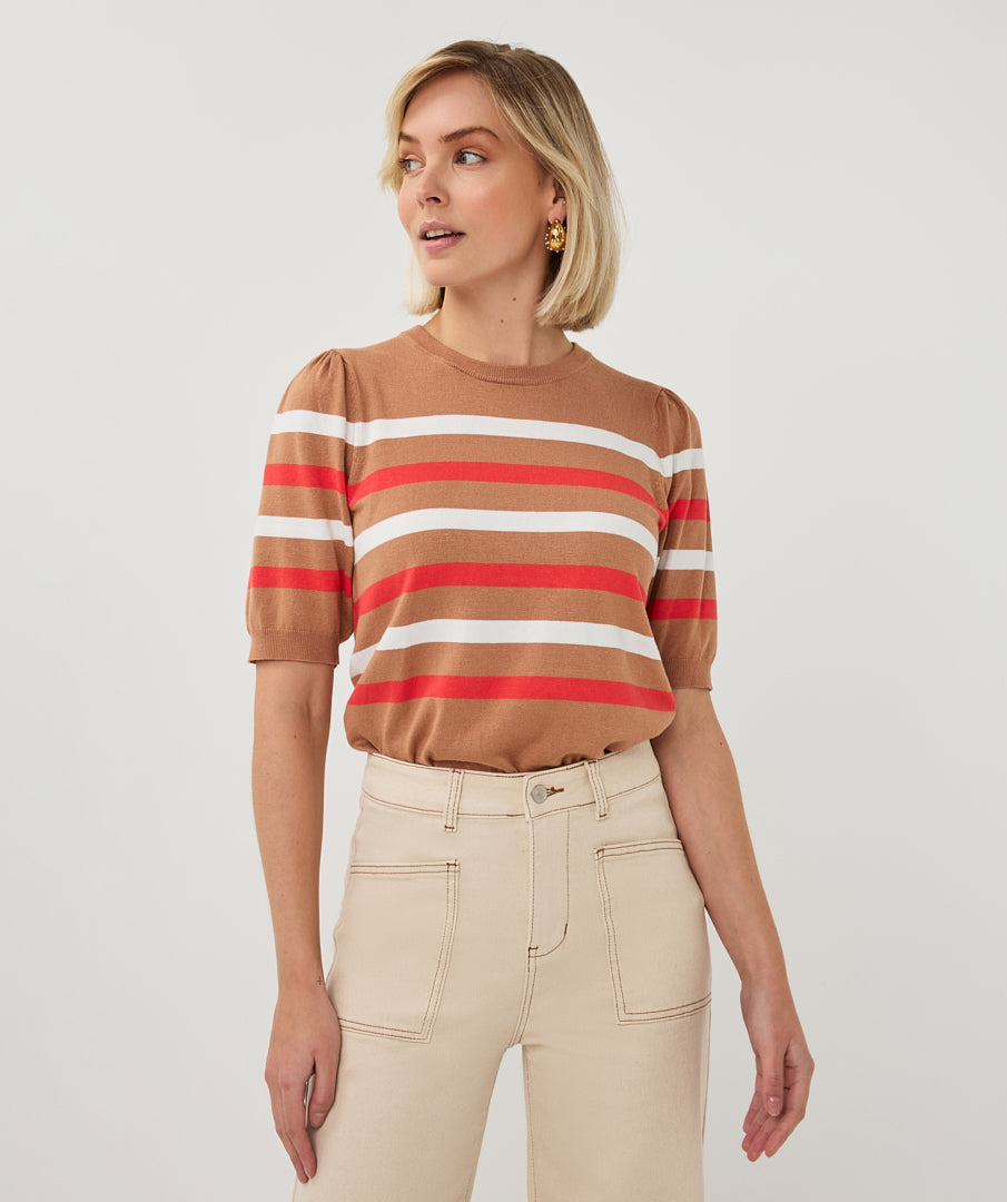 Sweater puff slve striped knit