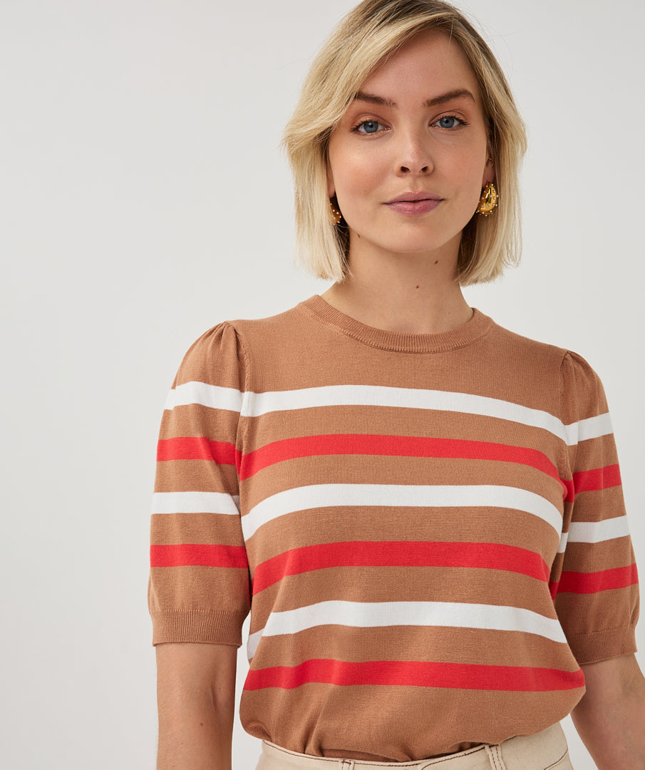 Sweater puff slve striped knit