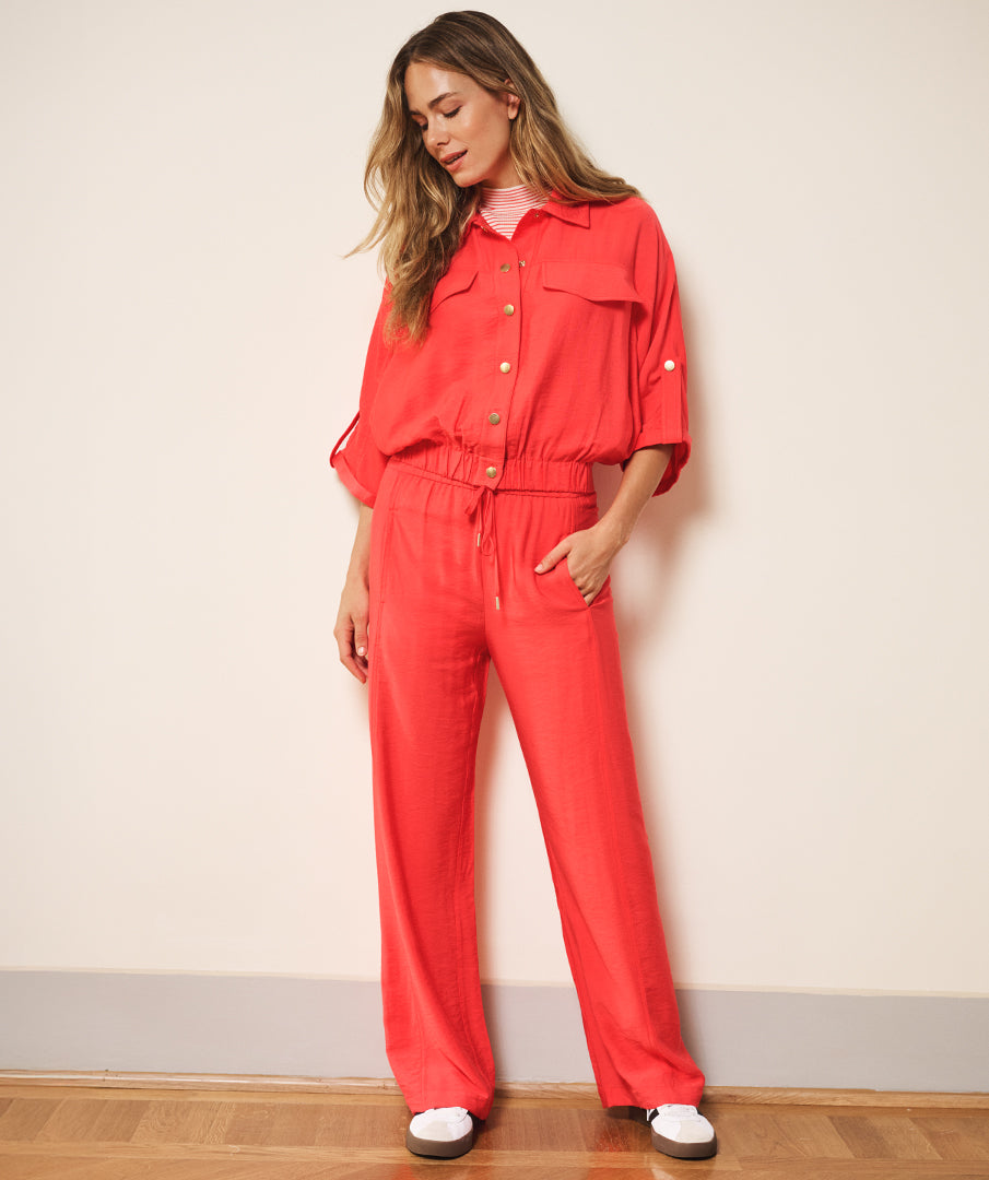 Trousers wide elastic waist slub