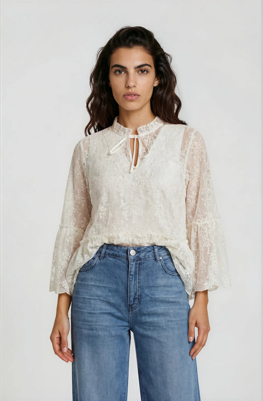 blouse with ruffle on neck, layered flounce on sleeve and hem