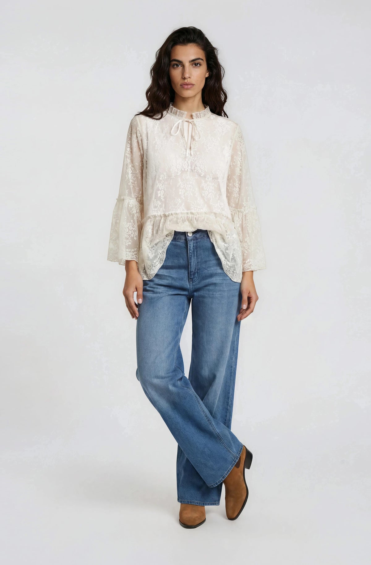 blouse with ruffle on neck, layered flounce on sleeve and hem