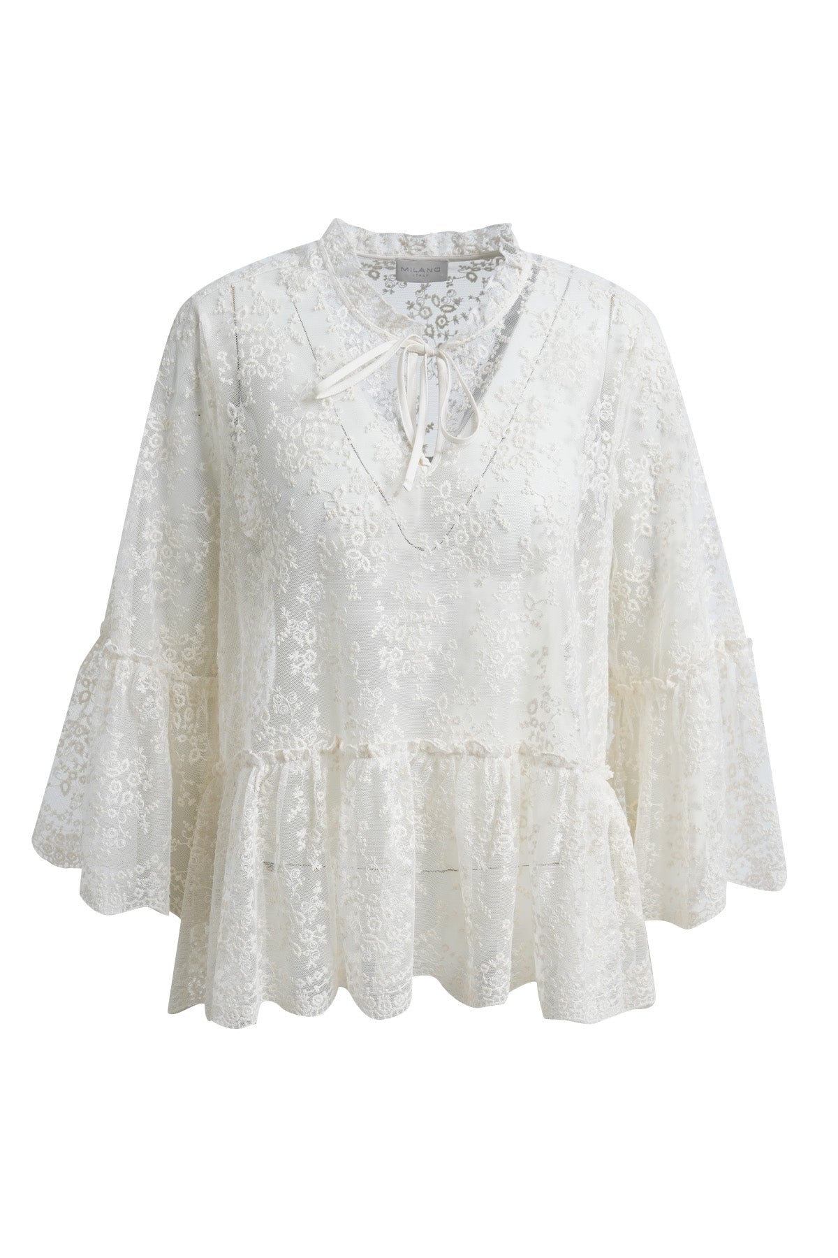 blouse with ruffle on neck, layered flounce on sleeve and hem