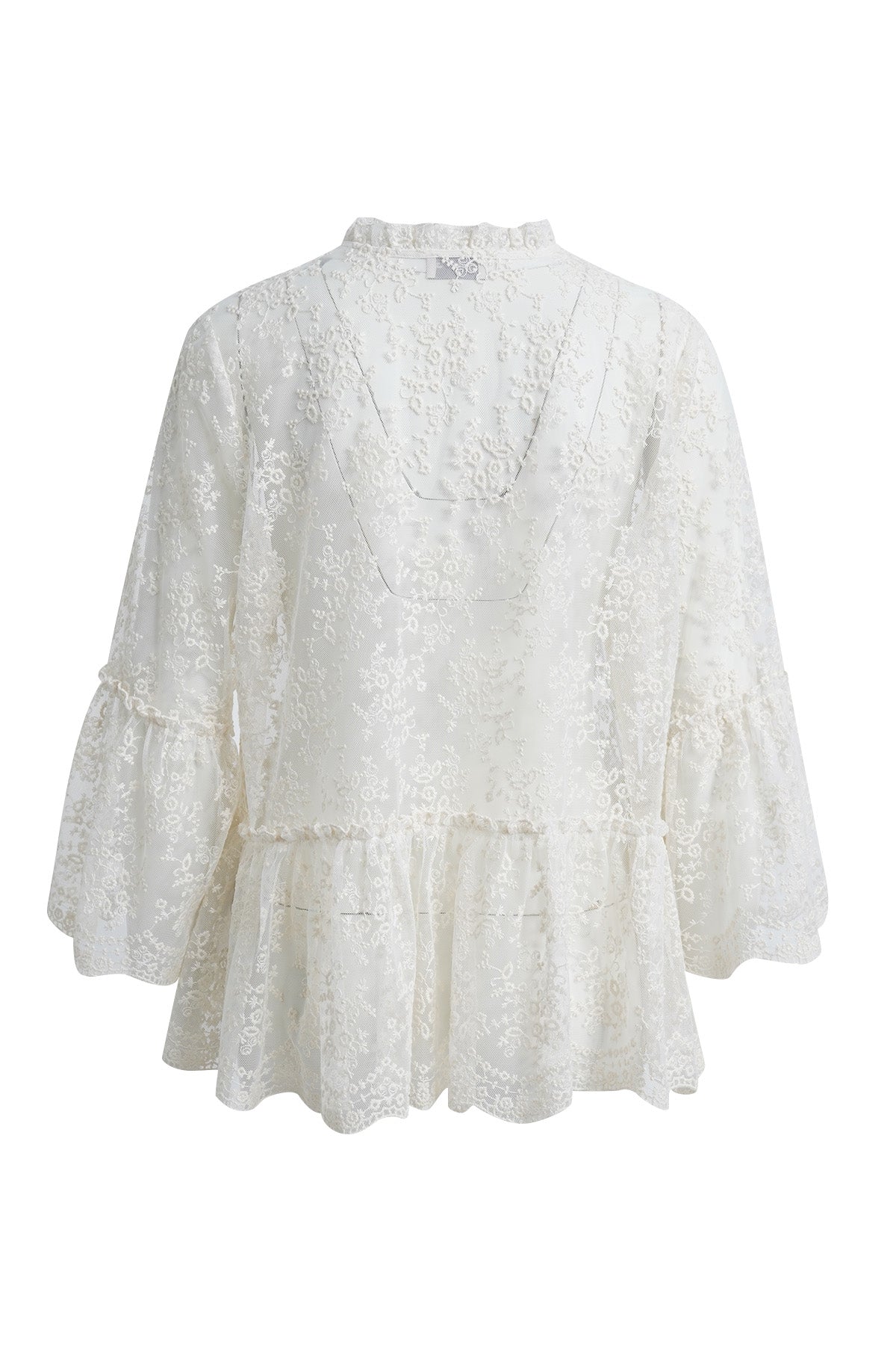 blouse with ruffle on neck, layered flounce on sleeve and hem