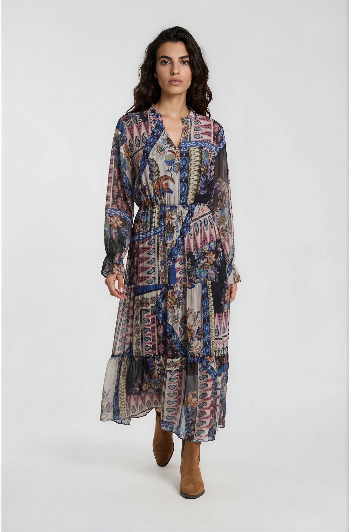 round neck tiered dress with ruffle