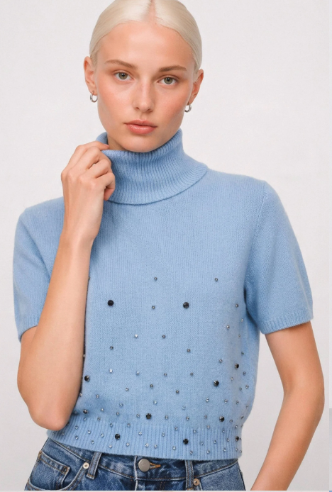 Short-sleeved angora polo neck jumper with embellishments - BARBELLA Sweater with Applique