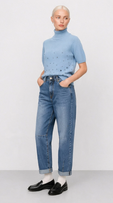 Short-sleeved angora polo neck jumper with embellishments - BARBELLA Sweater with Applique